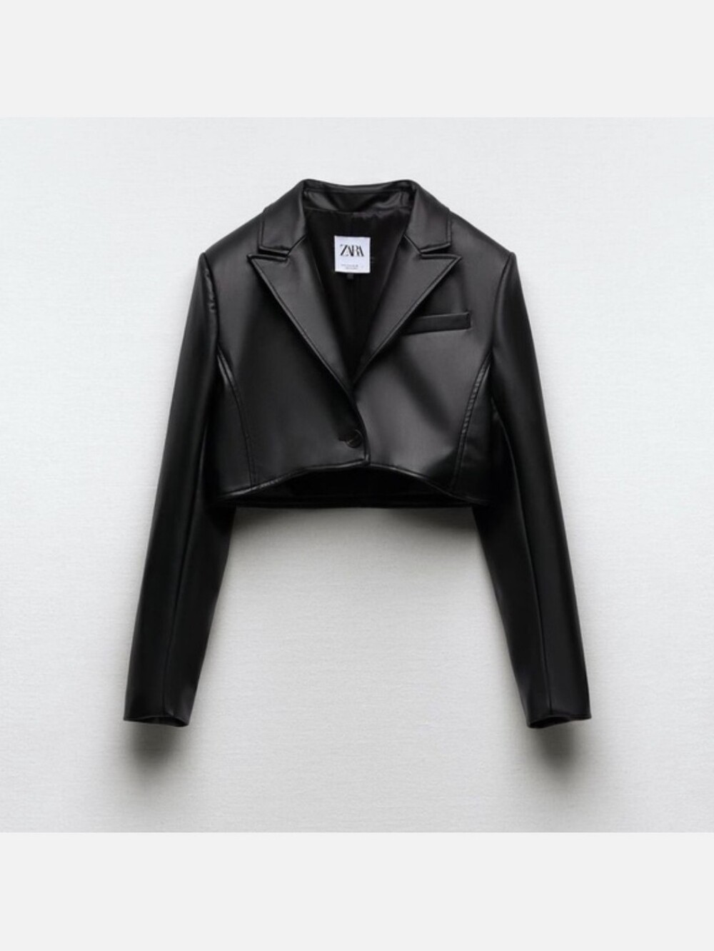 ZARA Cropped Faux Leather Blazer Black Y2K Fitted V-Neck Jacket Small